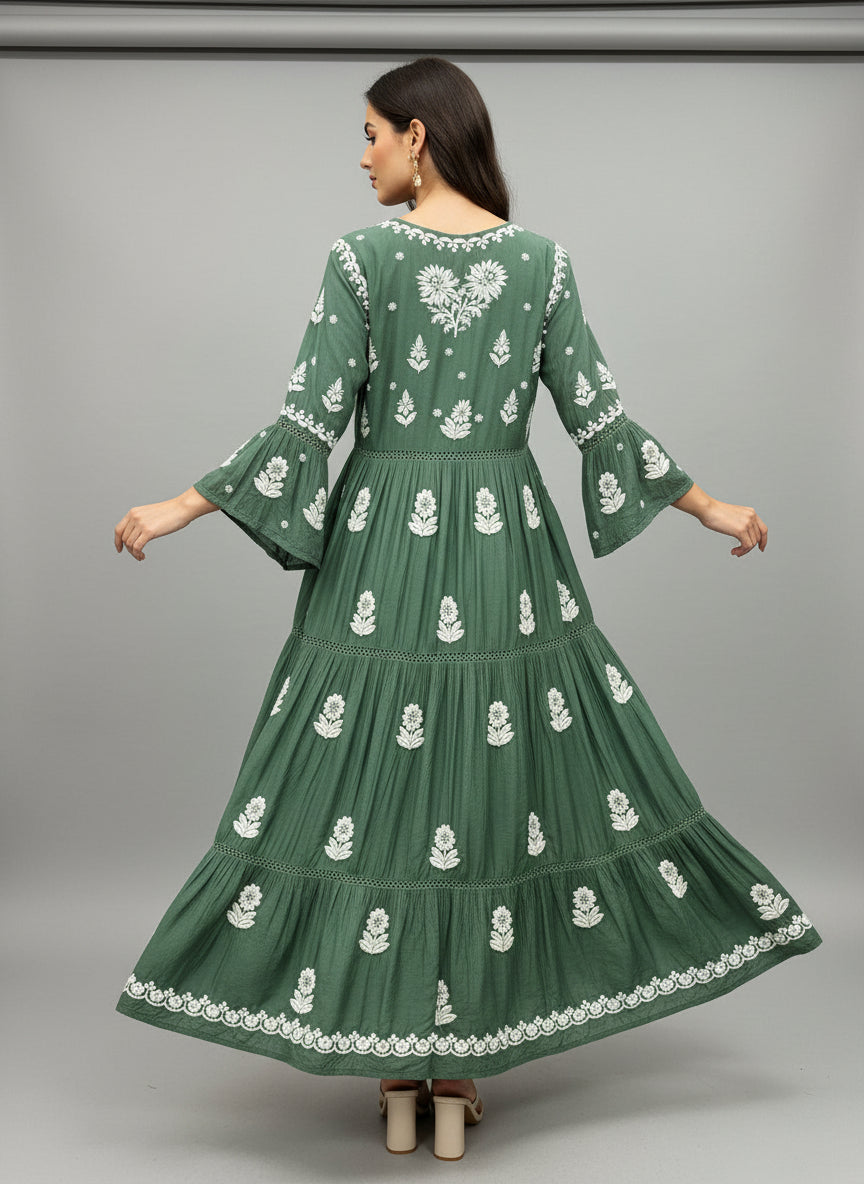Bottle Green Colour Hand-Embroidered multi layered Flared Long Dress full rear view-Luxury Chikankari by Famaza Couture London
