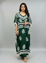 Bottle Green colour kaftan with white chikankari embroidery by famaza couture 