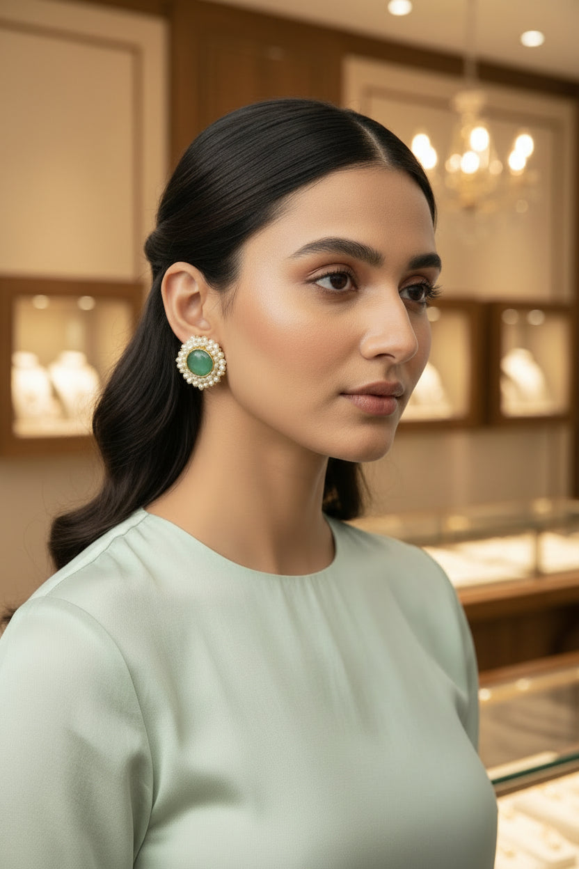 Bridal model in emerald green Mona Lisa stone earrings with gold brass finish, perfect for luxury wedding party wear.