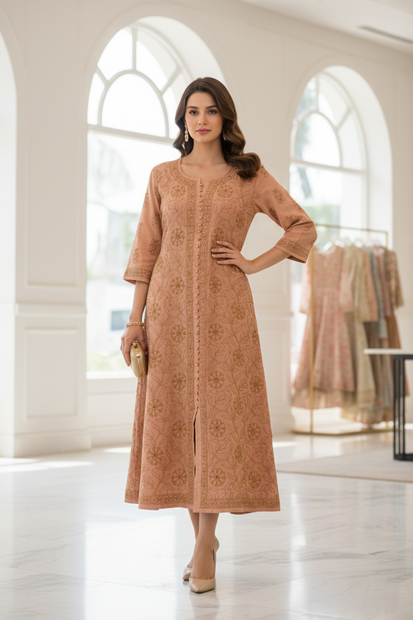 Brown A-line Chanderi silk Chikankari hand-embroidered long evening dress 53 inches - Famaza Couture