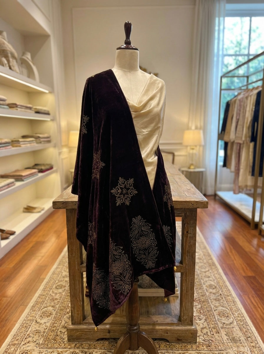  Brown colourvelvet stole with golden stones work all over the stole.
