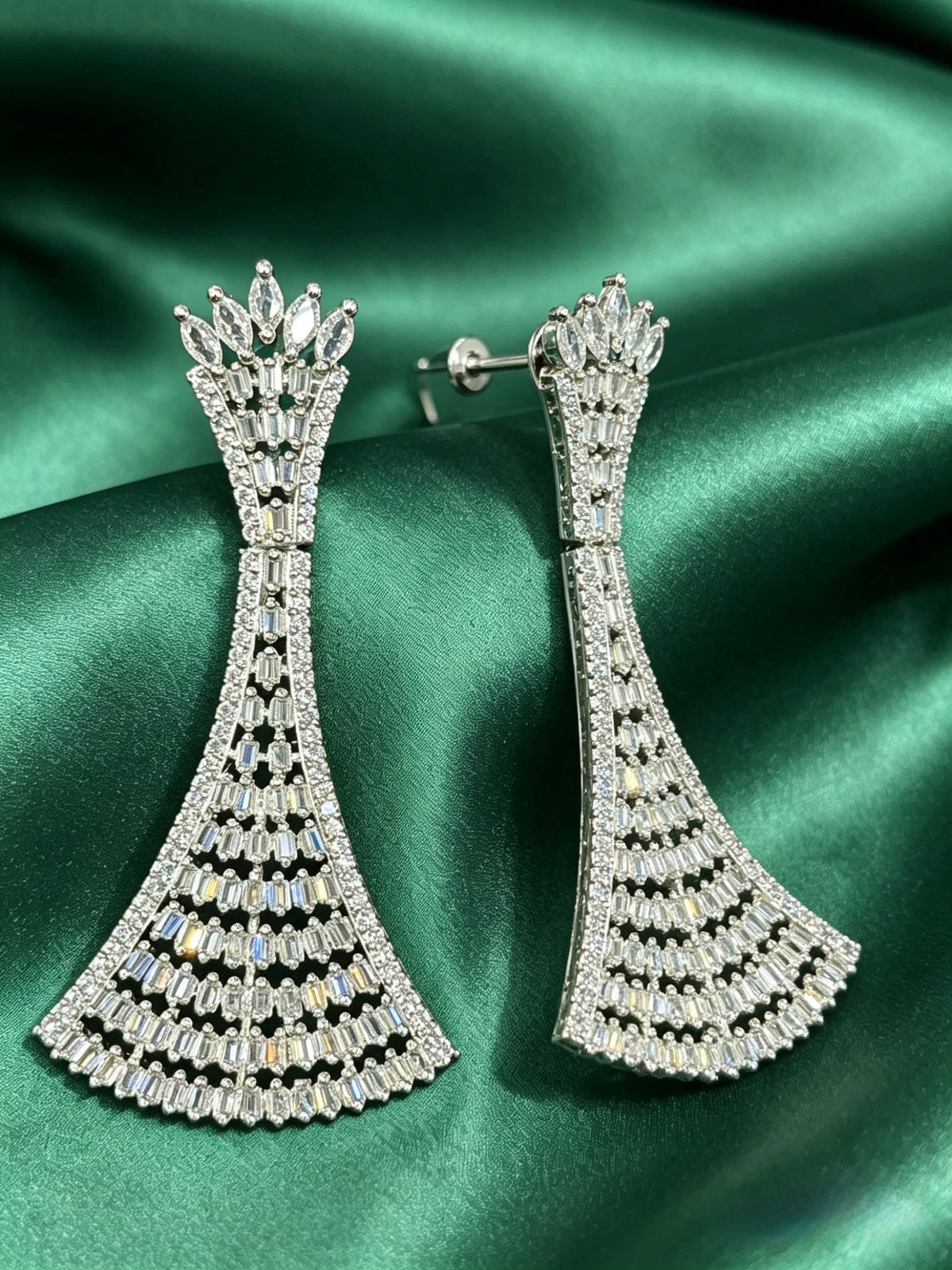 Gala Glamour Silver American Diamond Statement Drop Earrings