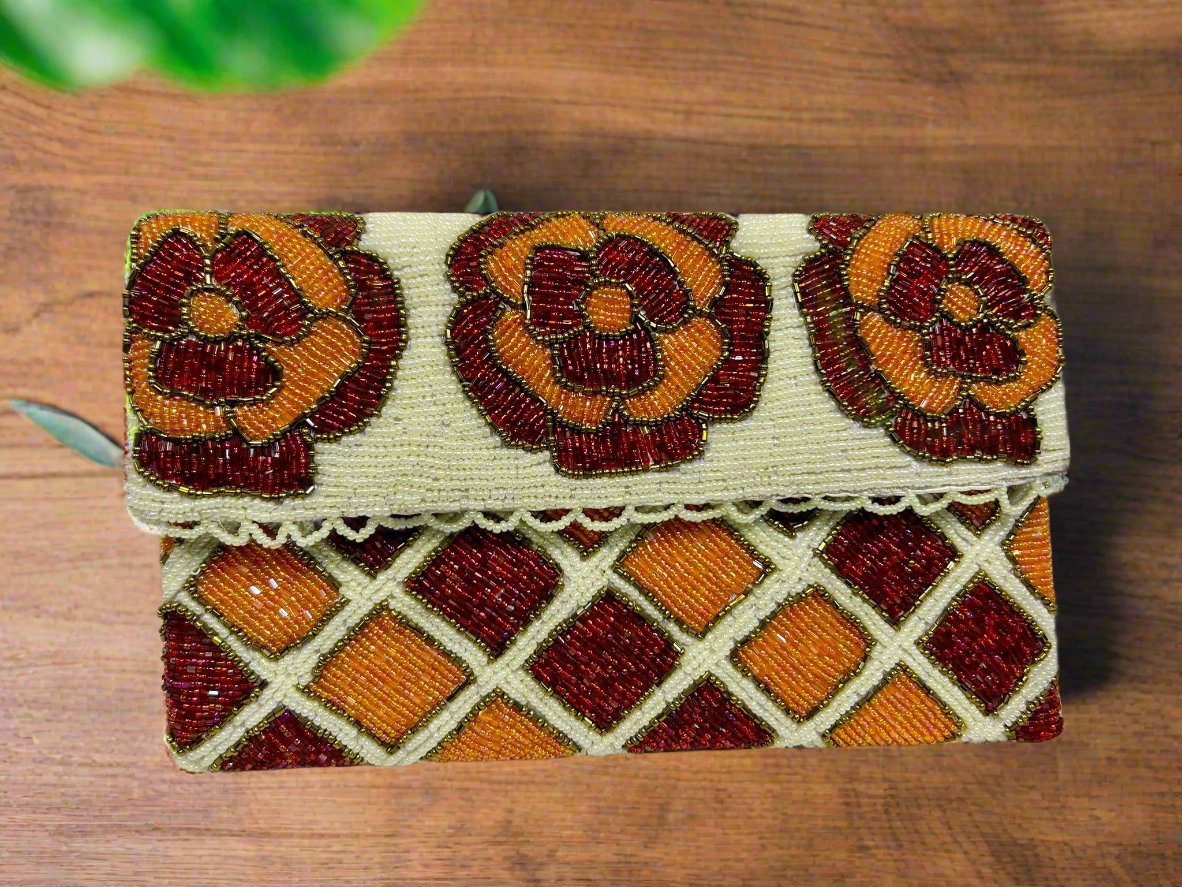 Clutch Bag - White Orange Red Floral Diamond