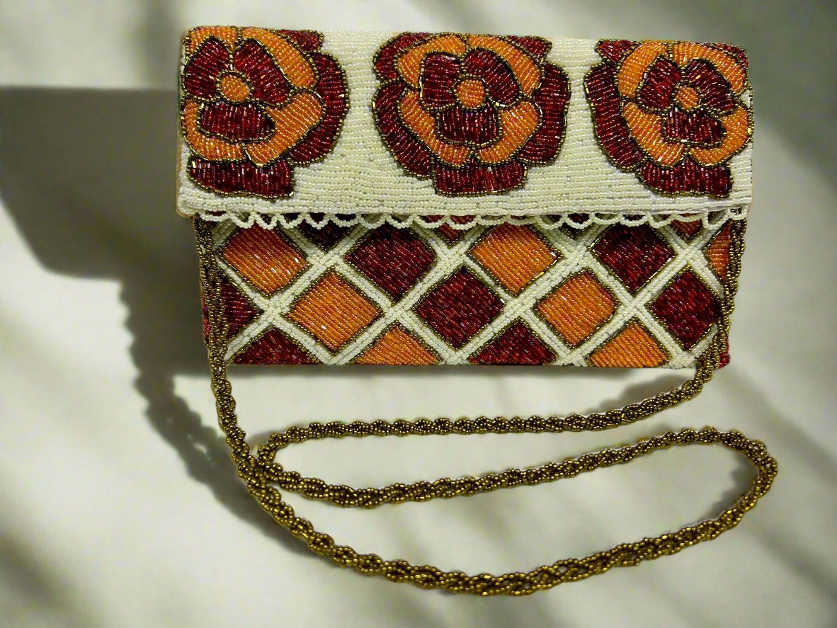 Clutch Bag - White Orange Red Floral Diamond