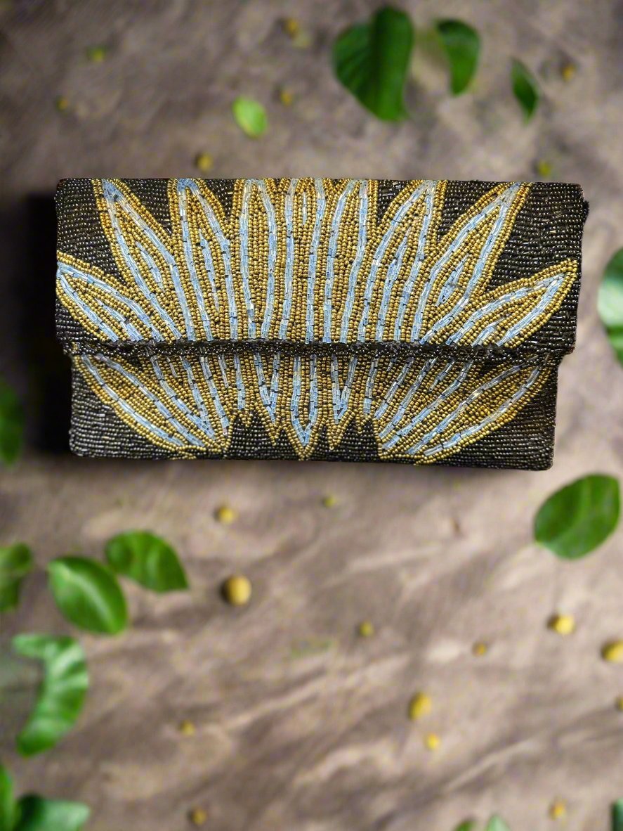 Black Gold Leaves Handcrafted Clutch Bag