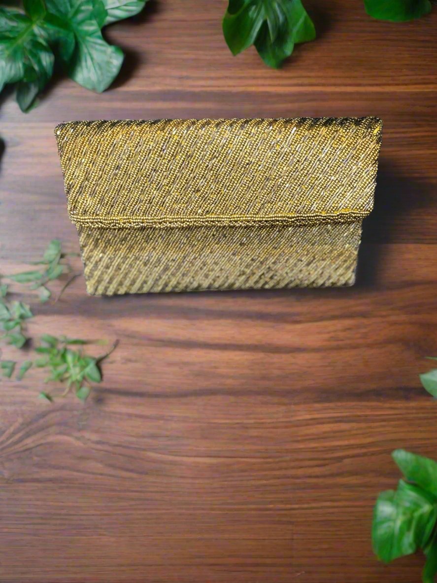 Gold Diagonal Stripe Handcrafted Clutch Bag