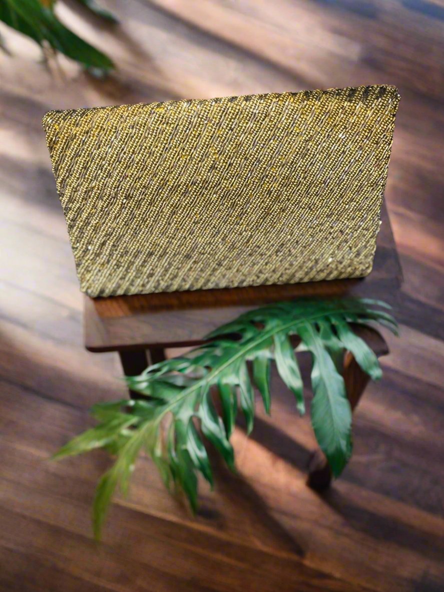 Gold Diagonal Stripe Handcrafted Clutch Bag