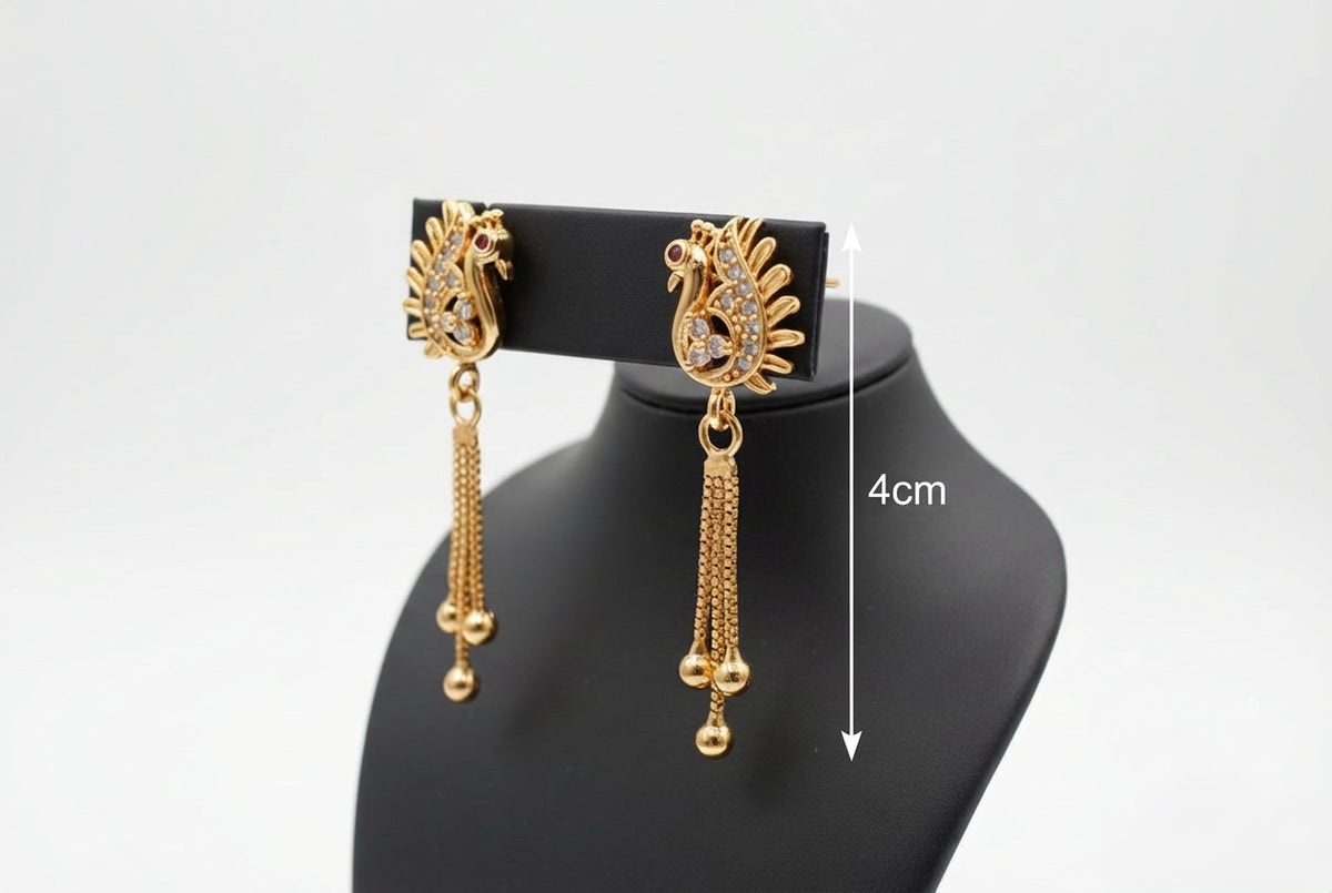 Rose Gold AD Peacock Motif Drop Earrings with Triple Strand Chains - 4cm
