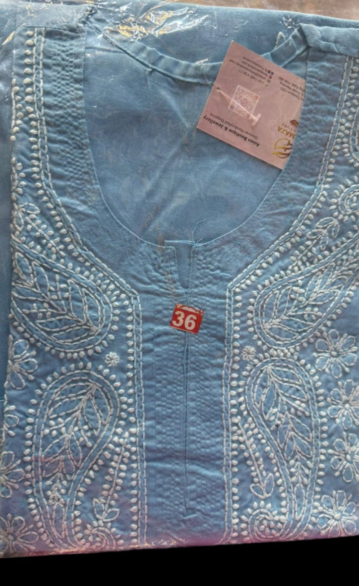 Blue chikankari cotton kurti neck close up 