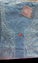 Blue chikankari cotton kurti neck close up 