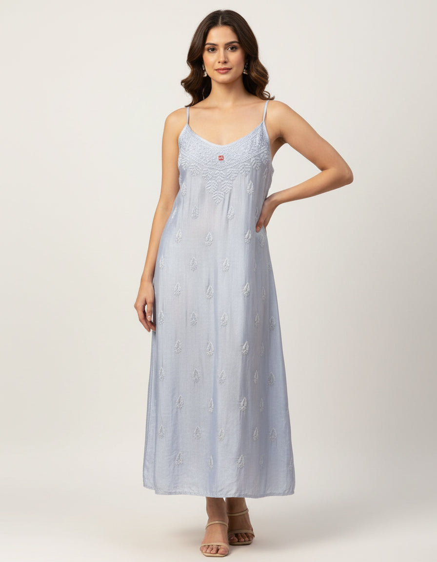 Chikankari modal silk fabric Spaghetti Strap dress with hand embroidery by famaza couture 