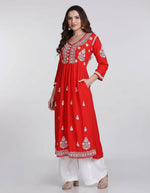 Chikankari red long dress with pockets, with hand embroidery by famaza couture 