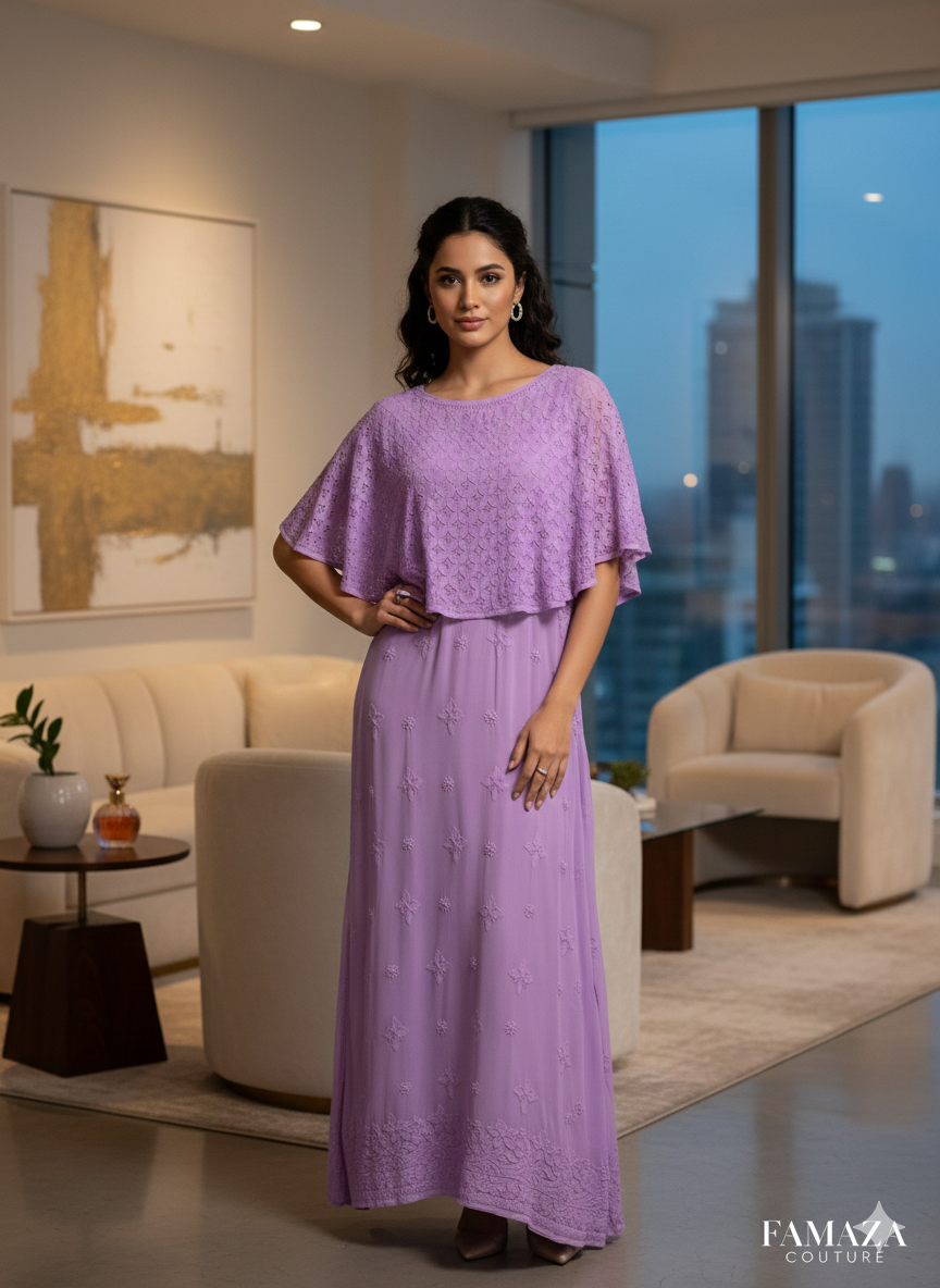Handmade-Chikankari-Cape-Dress-Luxury-Viscose-purple