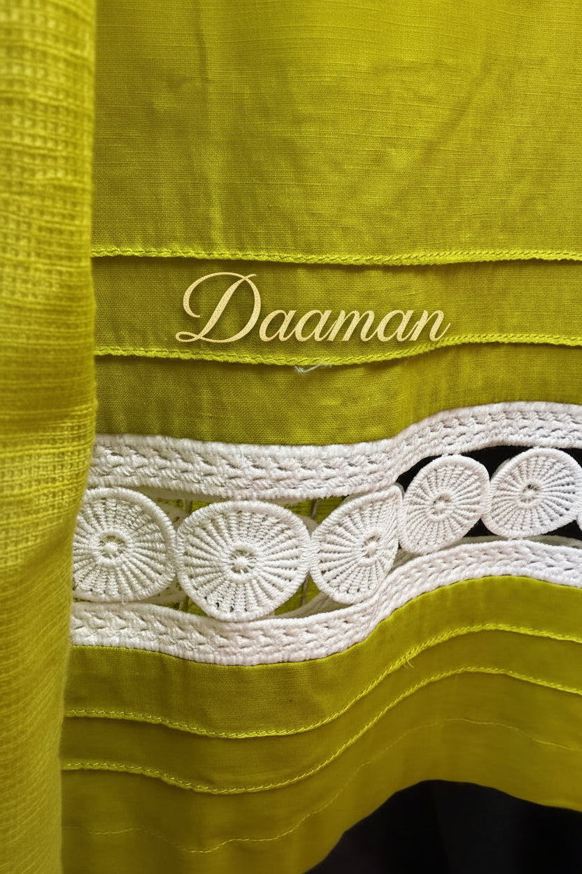 Close-up of a Olive green kurti bottom hem is adorned with white lace is shown in focus. 
