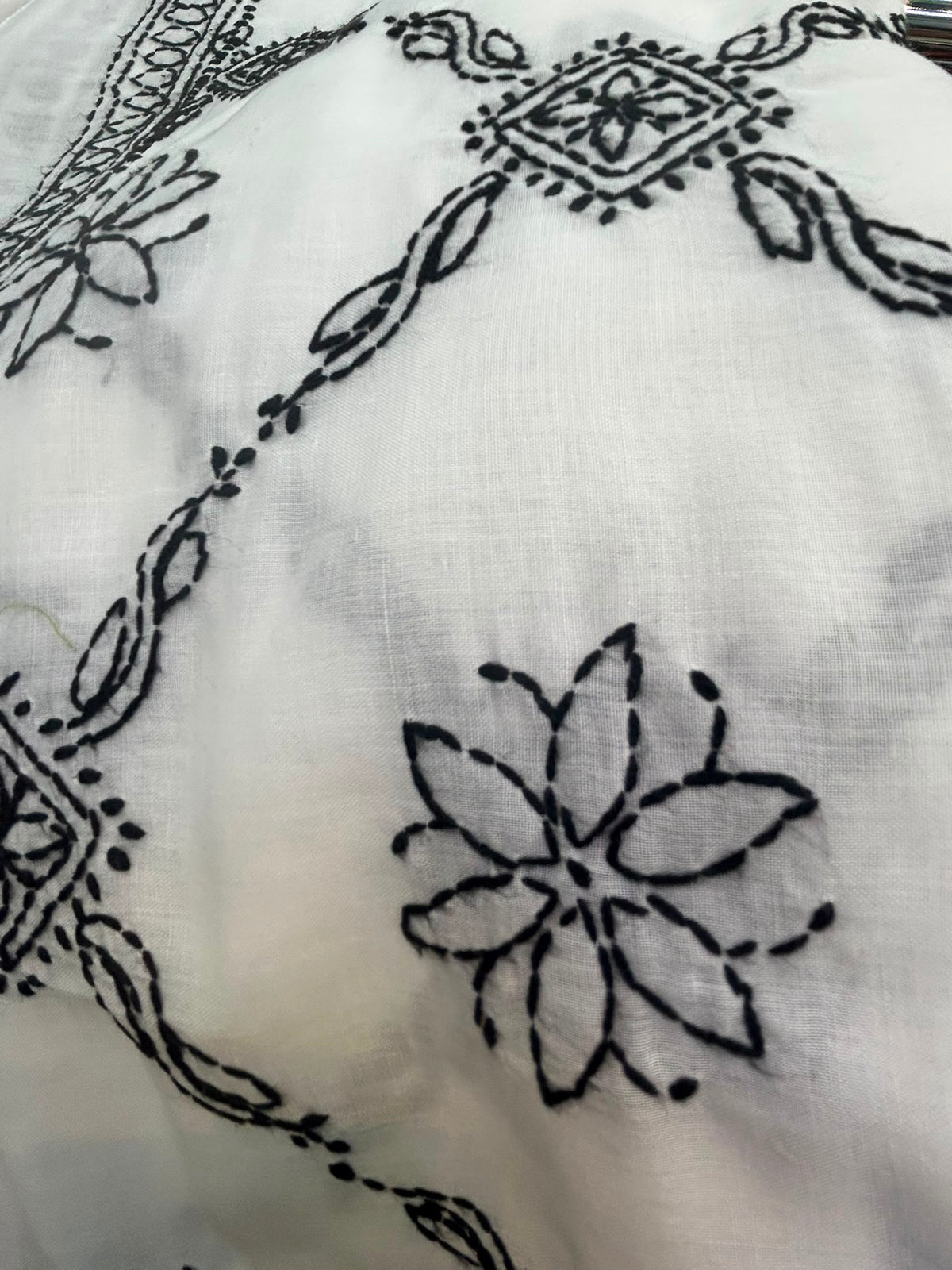 Close-up of black embroidered patterns on a white fabric