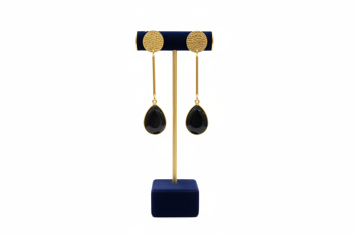 Black moissanite gold plated drop earrings side view