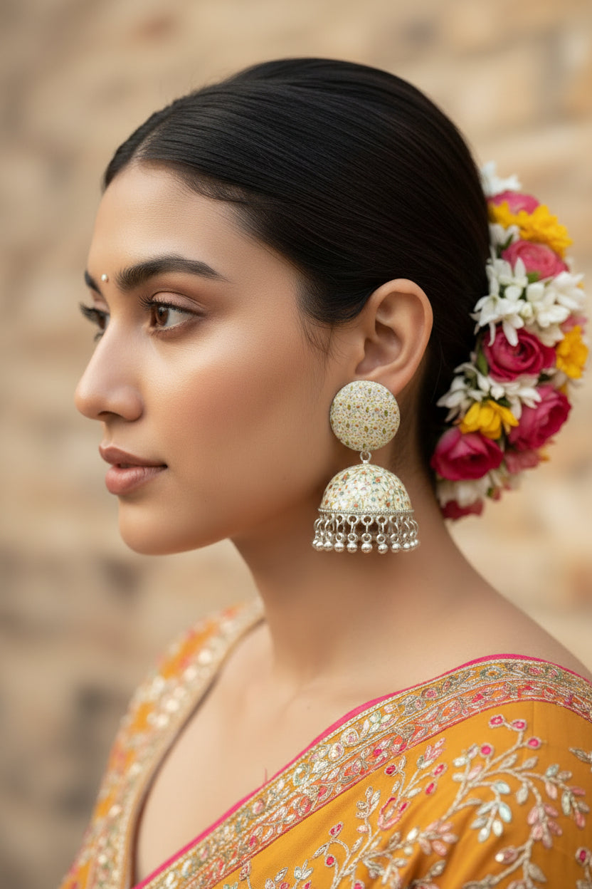 Close-up of lightweight plastic jhumka earrings featuring a delicate, colorful micro-floral pattern.