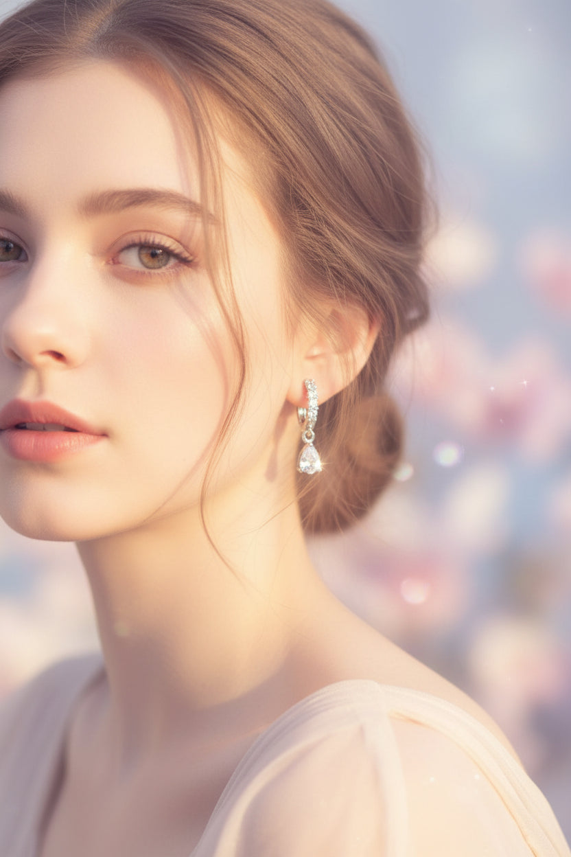 Close-up of the 2cm Lyra silver AD earrings featuring a line of round stones leading to a brilliant teardrop drop.
