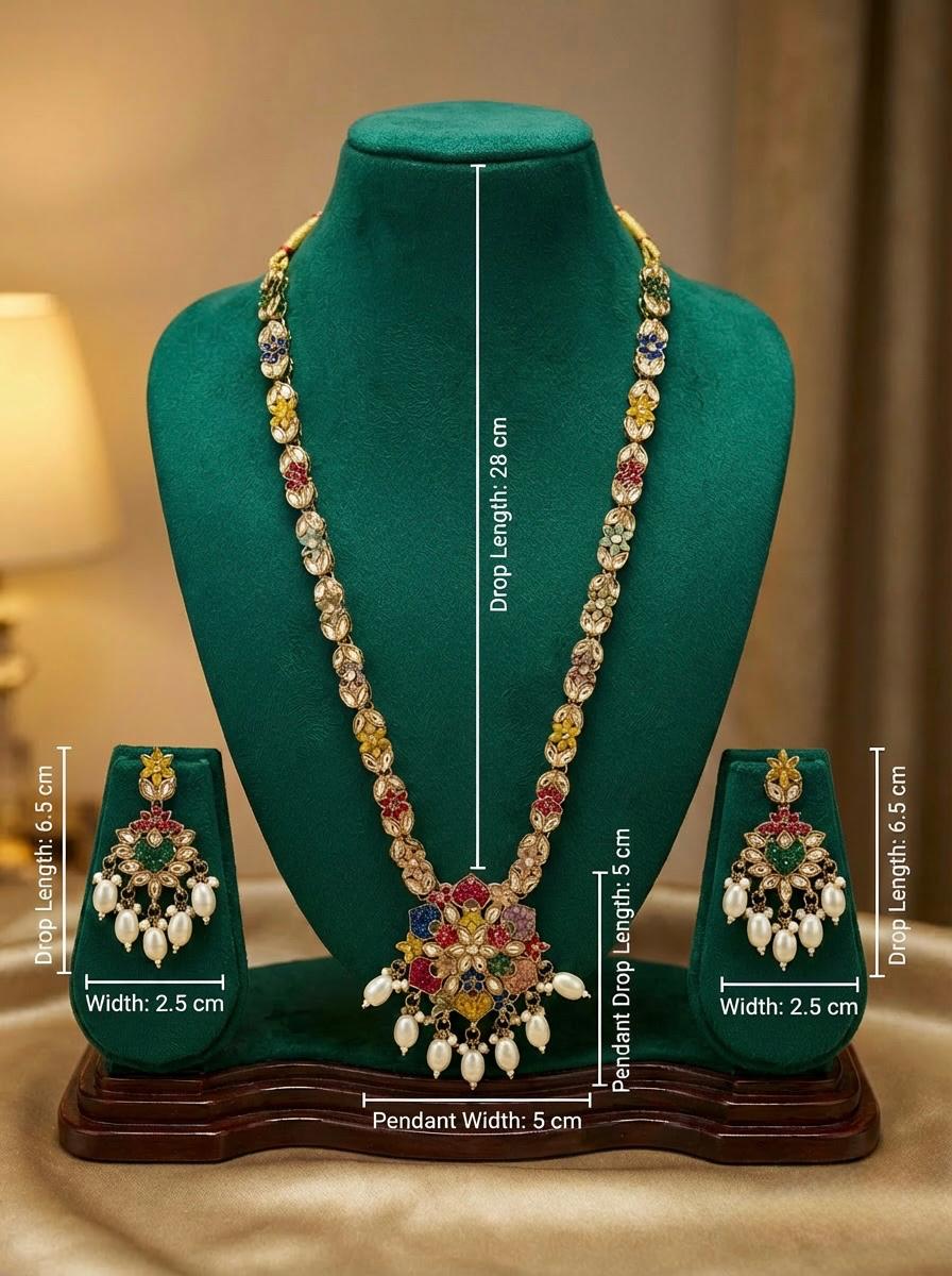 Close-up of the long necklace and earrings showing the intricate multi-color floral pendant and matching chain motifs with measurments.