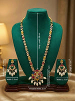 Close-up of the long necklace and earrings showing the intricate multi-color floral pendant and matching chain motifs with measurments.