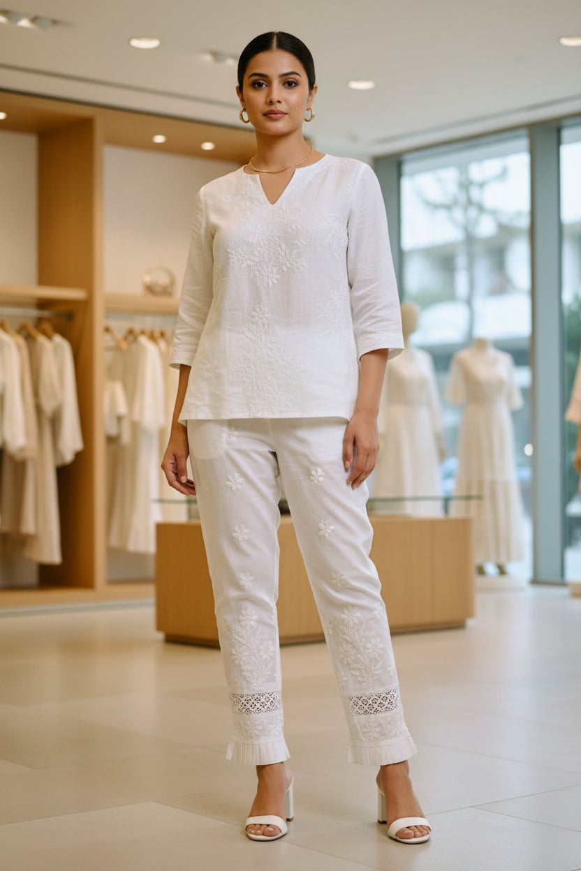 Close-up of white embroidered cotton pants with pockets, showing the texture and design details.