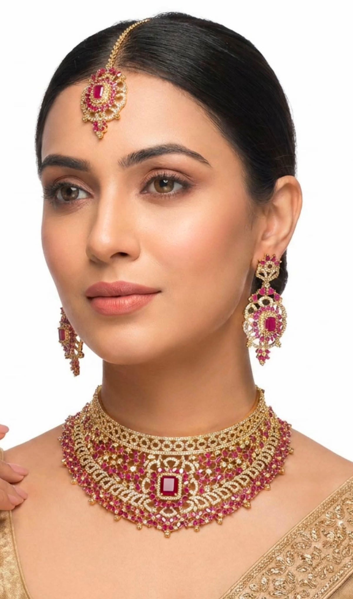 Close-up shot of Wajeeha luxury ruby gold bridal statement necklace set featuring fine Polki detailing.