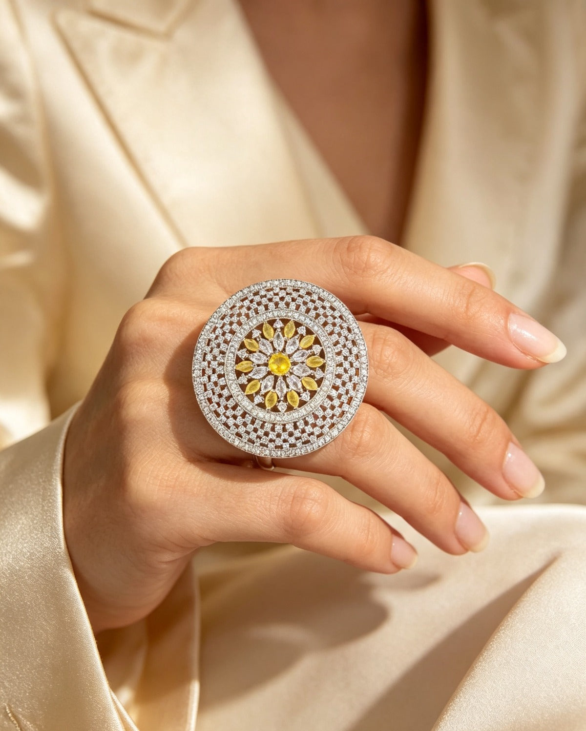 Close Up Canary Yellow Center and Marquise Halo on The Solstice Ring