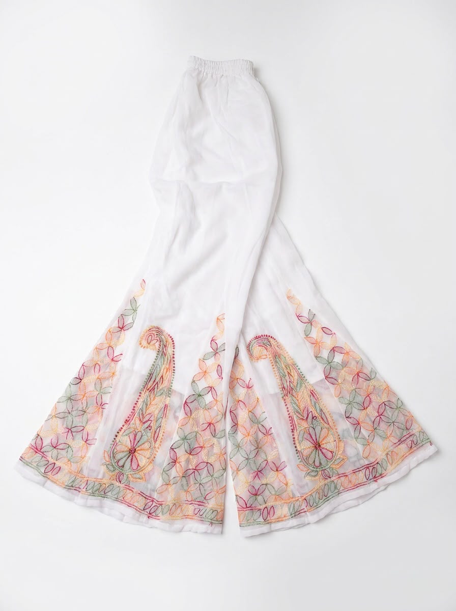 Close up multicolour Chikankari hand embroidery on ivory sharara