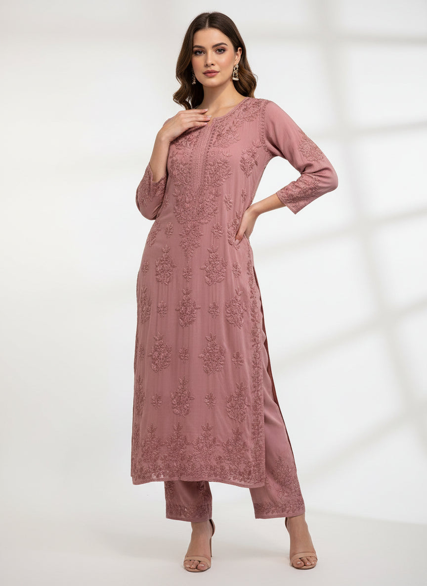Cocobrown colour modal fabric tone to tone hand embriodered kurti and trousers. Kurti is 46 inches long