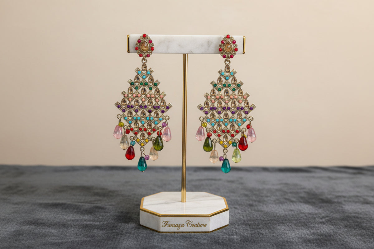 Colourful gemstone long earrings.