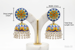 Colourful jhumka earrings with measurements on a white background