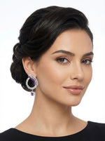 American Diamond Contemporary purple and white crystal statement earrings with a unique open-circle design and polished silver finish.