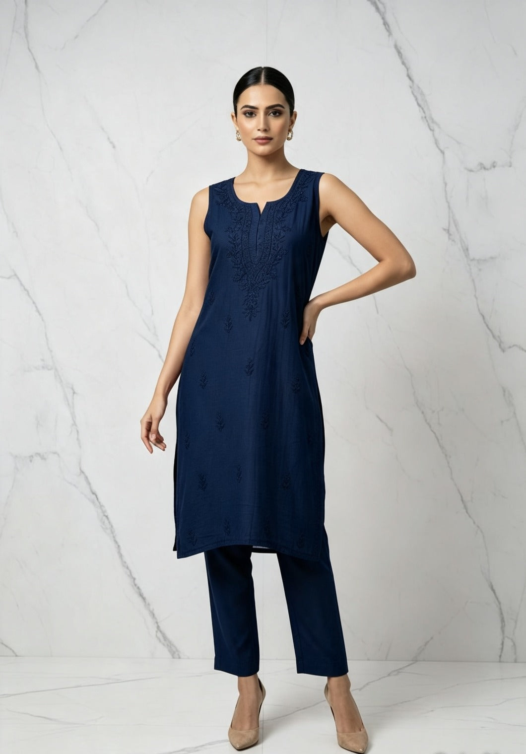 A model wearing the navy blue handcrafted sleeveless Chanderi silk Chikankari co-ord set, posing against a white marble studio wall.