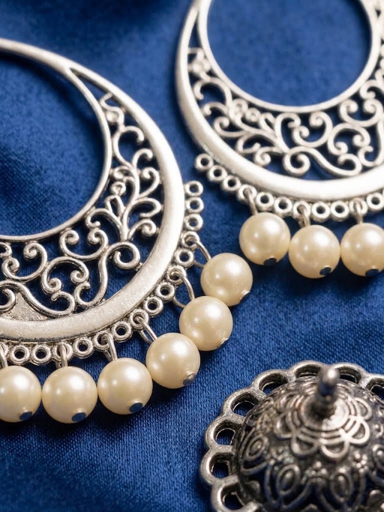 Silver-toned filigree crescent moon earrings with dangling cream pearl beads, displayed on a textured dark blue fabric background.