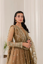 Elegant Beige Pakistani 3-Piece Party Wear Maxi Dress | Long Embroidered Evening Gown