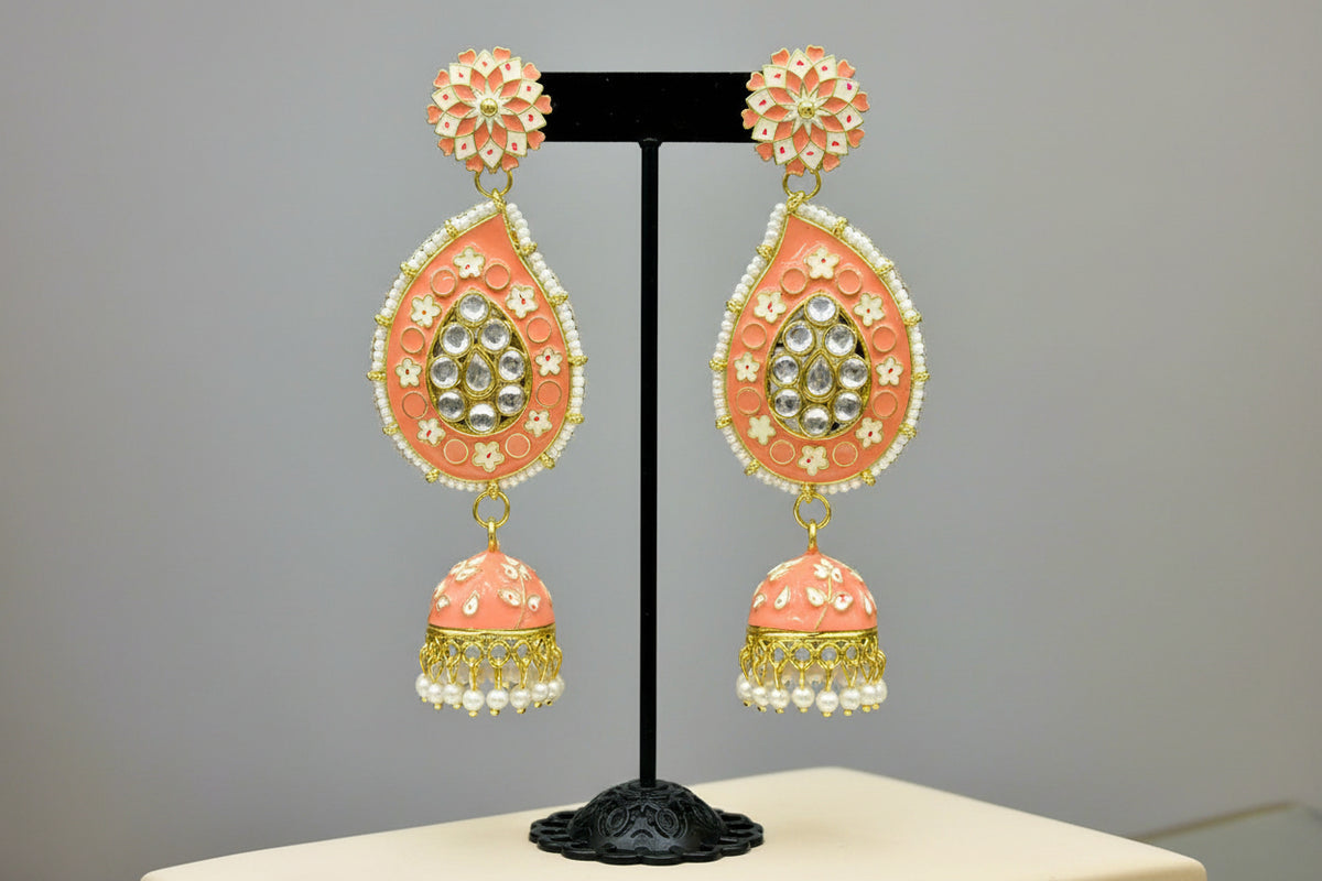 Meenakari Ambi Long Jhumka Earrings | Lightweight Bridal & Party Wear – Famaza Couture