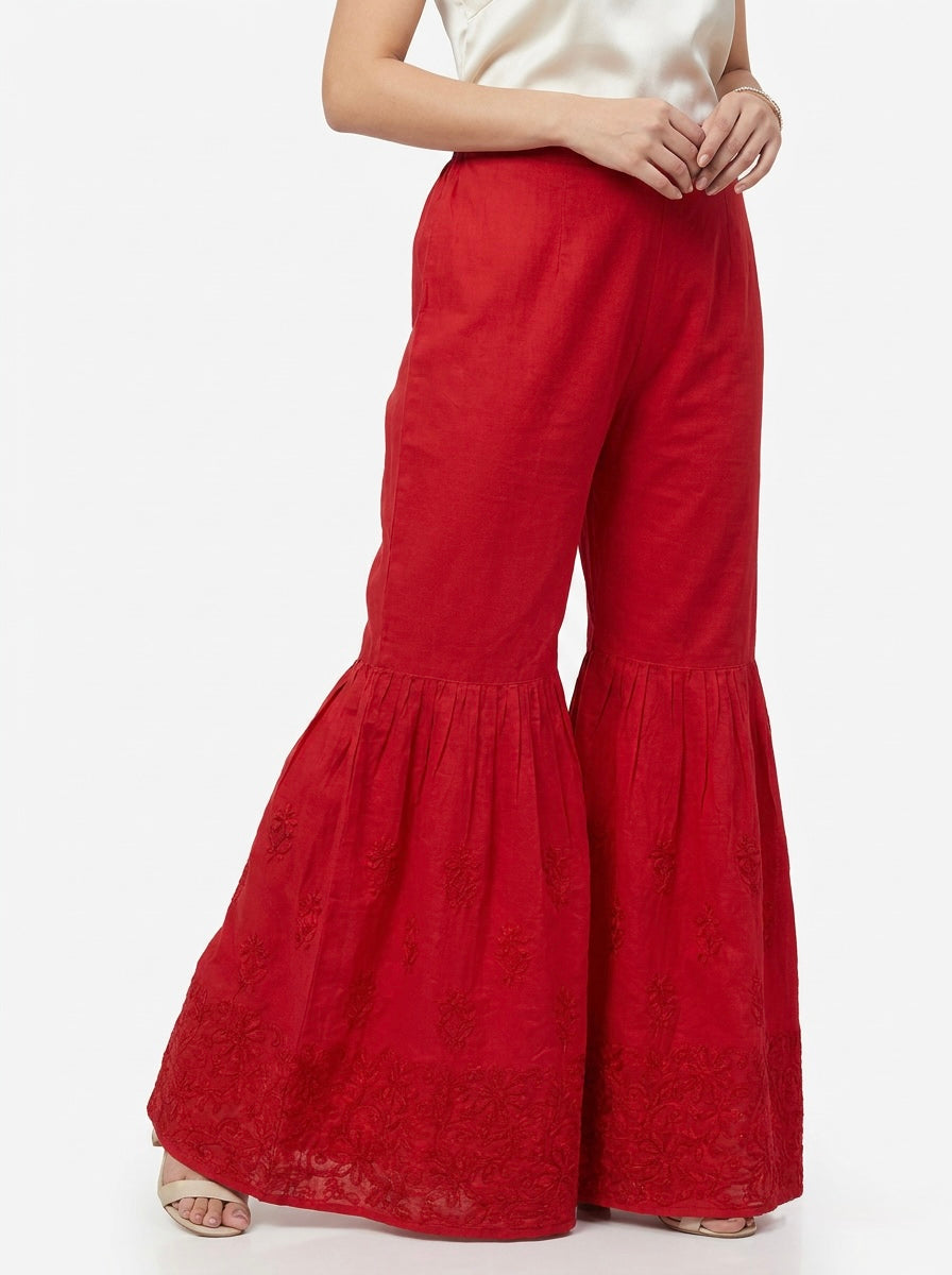 The Scarlet Monarch Gharara — Tonal Embroidered Cotton Trousers