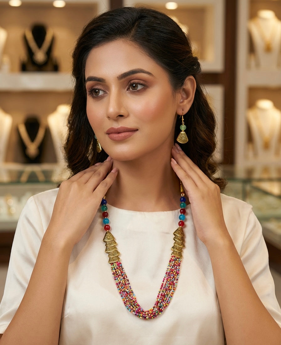 Mini Beaded Mala Jewellery Set | Lightweight Necklace & Earrings | Famaza Couture Wembley