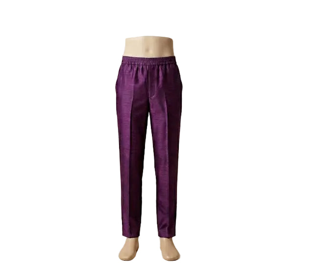 Close-up of premium straight-leg silk trousers in purple, designed with a comfortable elasticated waistband and tailored fit.