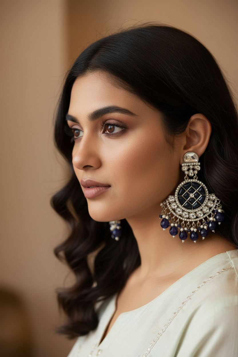 Deep navy blue circular drop earrings with shimmering crystals, perfect for evening festive wear.