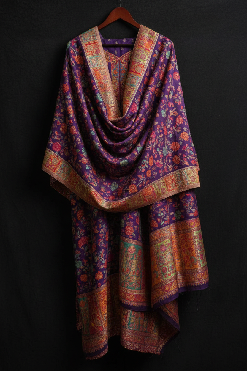 please display this Deep rich purple kanni silk dupatta withmatching kurti displayed in the image with it's full elegance and royalty as it's original hand crafted kanni silk duppata and kurti