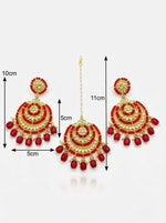 Detailed close-up of circular rose gold ethnic earrings featuring a kundan center and a ruby-toned fringe with measurments.