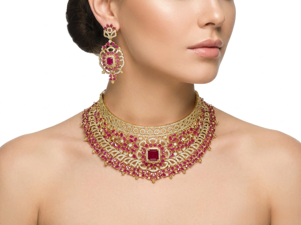 Detailed flat lay view of imperial bridal bib necklace and matching chandelier earrings.