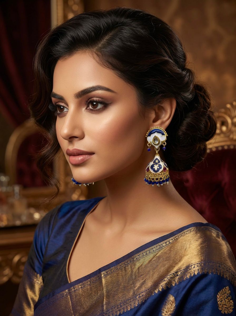 Detailed shot of the blue and white enamel patterns and small hanging blue beads on the Meenakari jhumka.