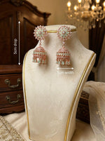  Detailed view of £15 rose gold AD jhumkas featuring a 5cm drop and cascading tiered design with mint-toned stone accents.