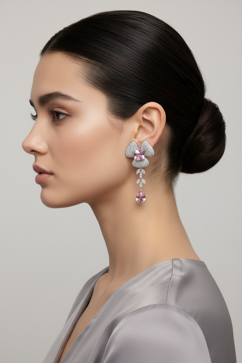 Woman wearing a pair of earrings with a gray background