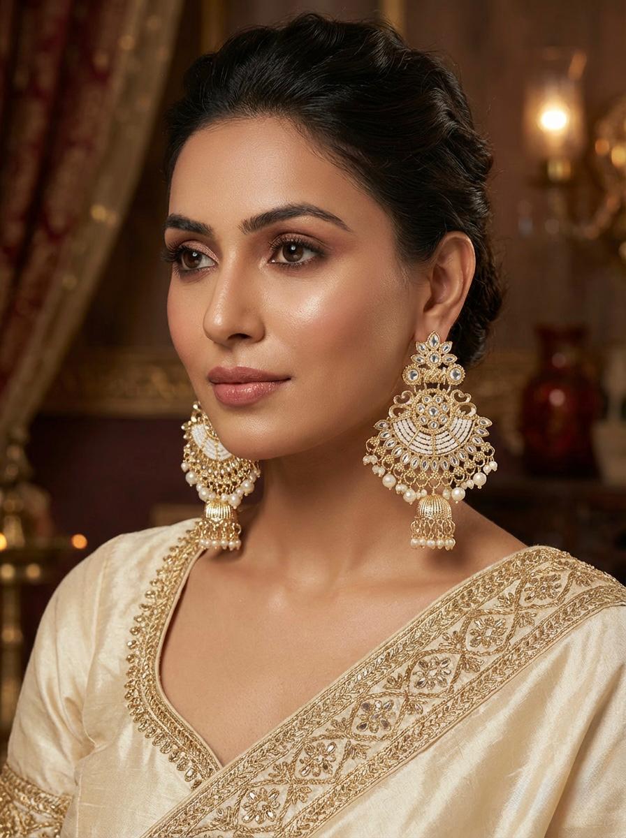 Detailed view of traditional gold-toned crescent-shaped earrings with a 9cm drop length and 5cm width.