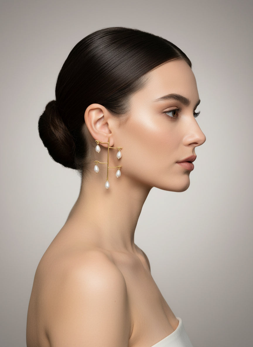 A pair of gold-plated brass earrings with pearl drop accents, displayed on a stand.