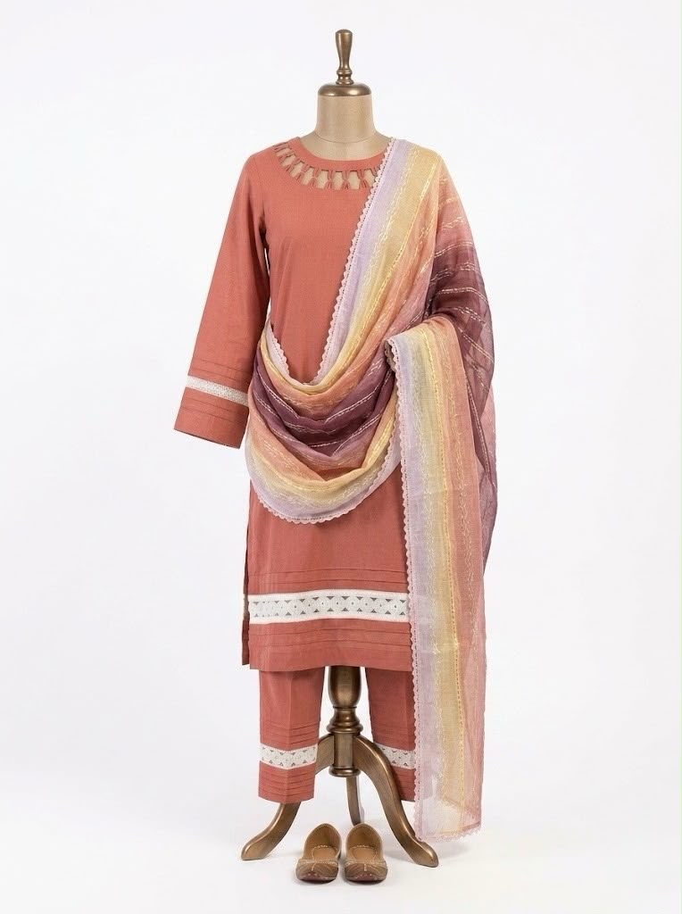 Dust Rose colour 3Pcs pakistani dress with Kota doriya chikankari dupatta. 