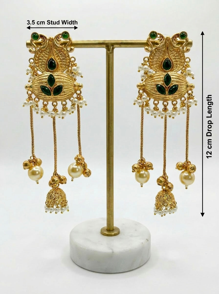 14K Gold Plated Kashmiri Jhumka Earrings | Long Kundan Party Wear Earrings